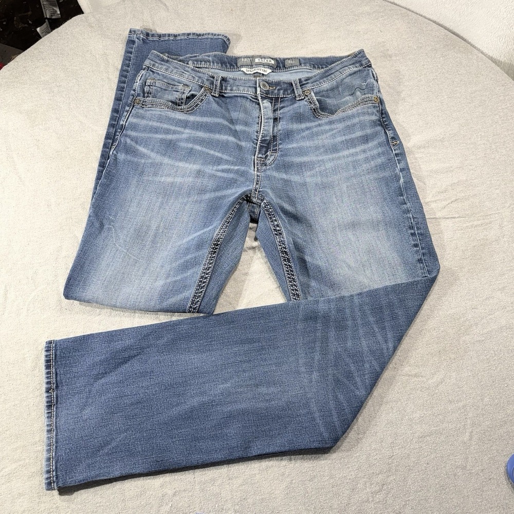 BKE Tyler Jeans Mens 36 X 32 Blue Straight Leg Medium Wash Thick Stitch Stretch